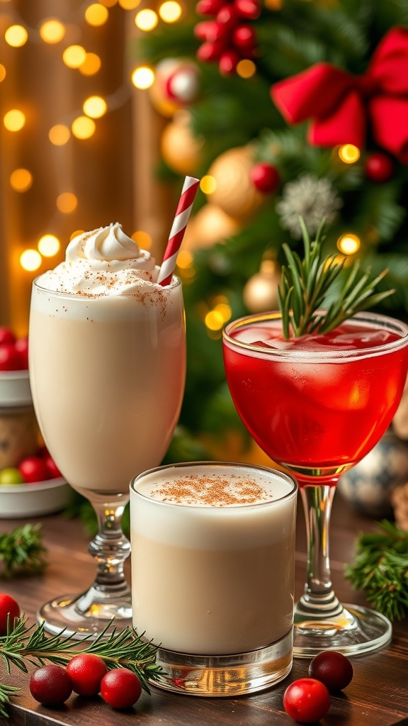 A collection of Christmas cocktails including eggnog and cranberry cocktails, decorated with festive garnishes, on a table with holiday decorations.